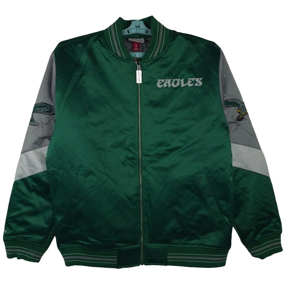 Philadelphia Eagles Mitchell & Ness NFL Large Satin Jacket Green Gray NWT